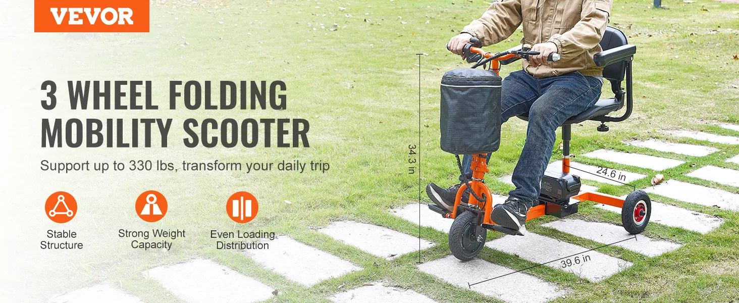 Skuter elektryczny VEVOR, 3-kołowy, składany, stabilna konstrukcja, udźwig do 330 funtów, do użytku na zewnątrz.