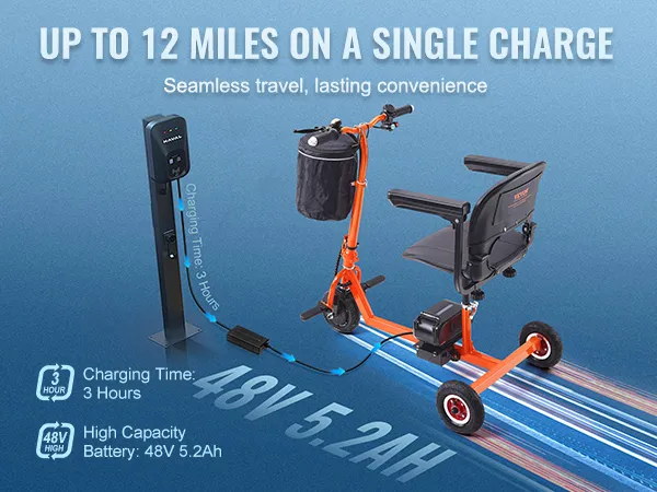 Skuter elektryczny VEVOR, zasięg do 12 mil, akumulator 48 V 5,2 Ah, czas ładowania 3 godziny.