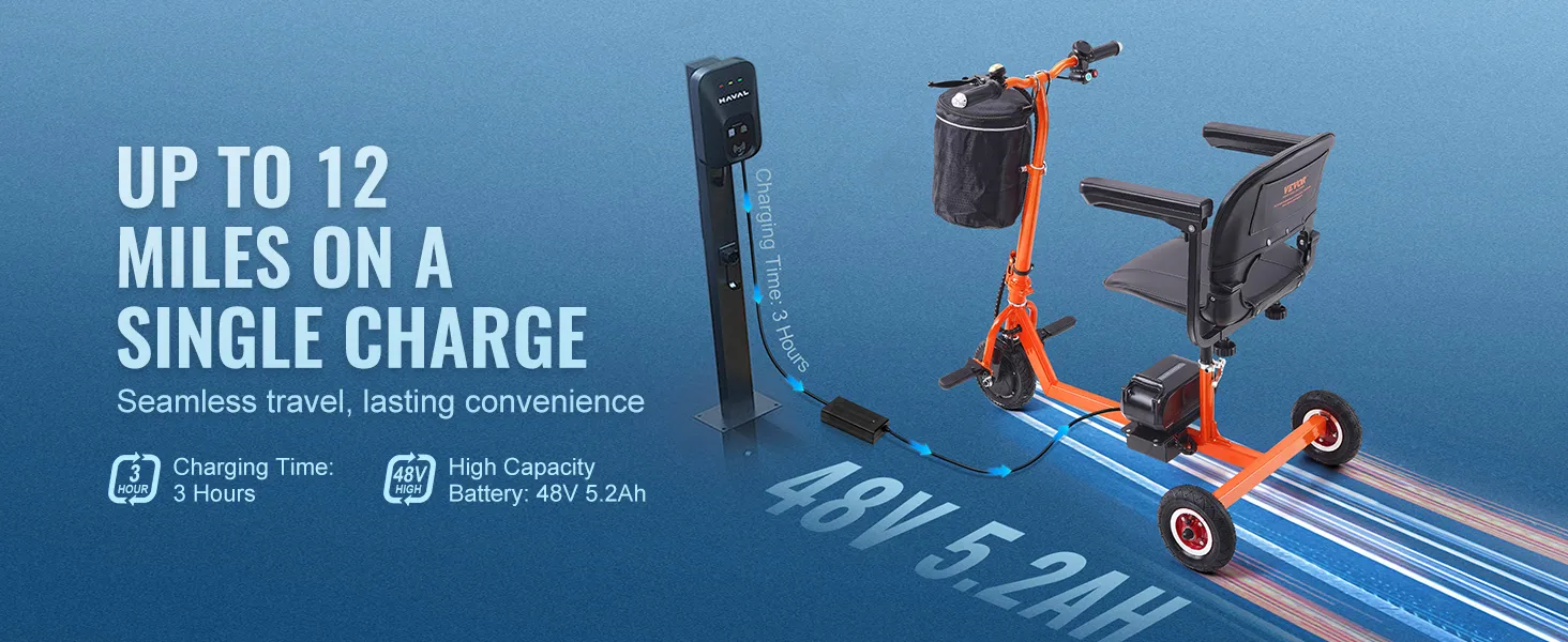 Skuter elektryczny VEVOR, zasięg do 12 mil, akumulator 48 V 5,2 Ah, czas ładowania 3 godziny.