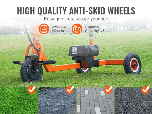 Wysokiej jakości antypoślizgowe koła w skuterze inwalidzkim VEVOR zapewniają dobrą przyczepność, co przekłada się na bezpieczną jazdę w różnych rodzajach terenu.