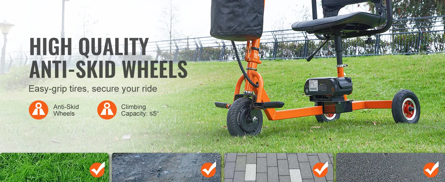 Wysokiej jakości antypoślizgowe koła w skuterze inwalidzkim VEVOR zapewniają dobrą przyczepność, co przekłada się na bezpieczną jazdę w różnych rodzajach terenu.