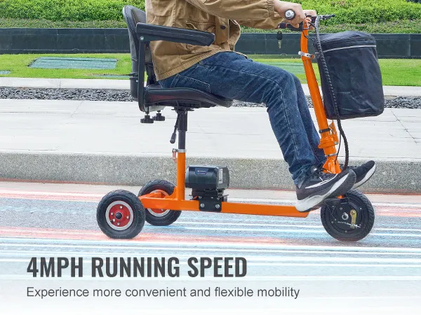 mężczyzna jadący na pomarańczowym skuterze inwalidzkim VEVOR, który rozwija prędkość 6,6 km/h, co zapewnia wygodną mobilność.