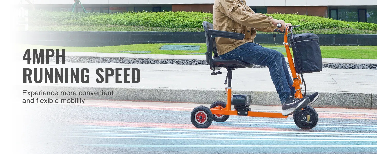 mężczyzna jadący na pomarańczowym skuterze inwalidzkim VEVOR, który rozwija prędkość 6,6 km/h, co zapewnia wygodną mobilność.