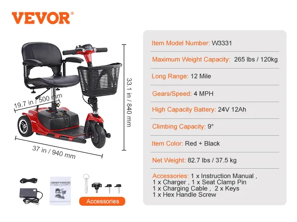 VEVOR folding mobility scooter, red and black, max weight 265 lbs, 12-mile range, product dimensions.