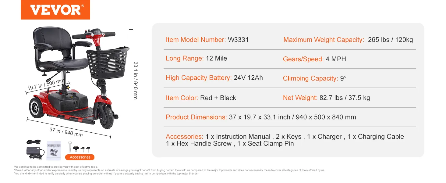 VEVOR folding mobility scooter, red and black, max weight 265 lbs, 12-mile range, product dimensions.