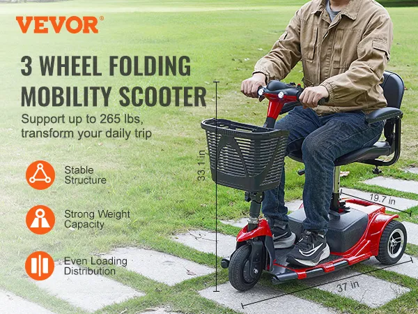 VEVOR folding mobility scooter, three wheels, supports 265 lbs, stable structure, strong weight capacity.