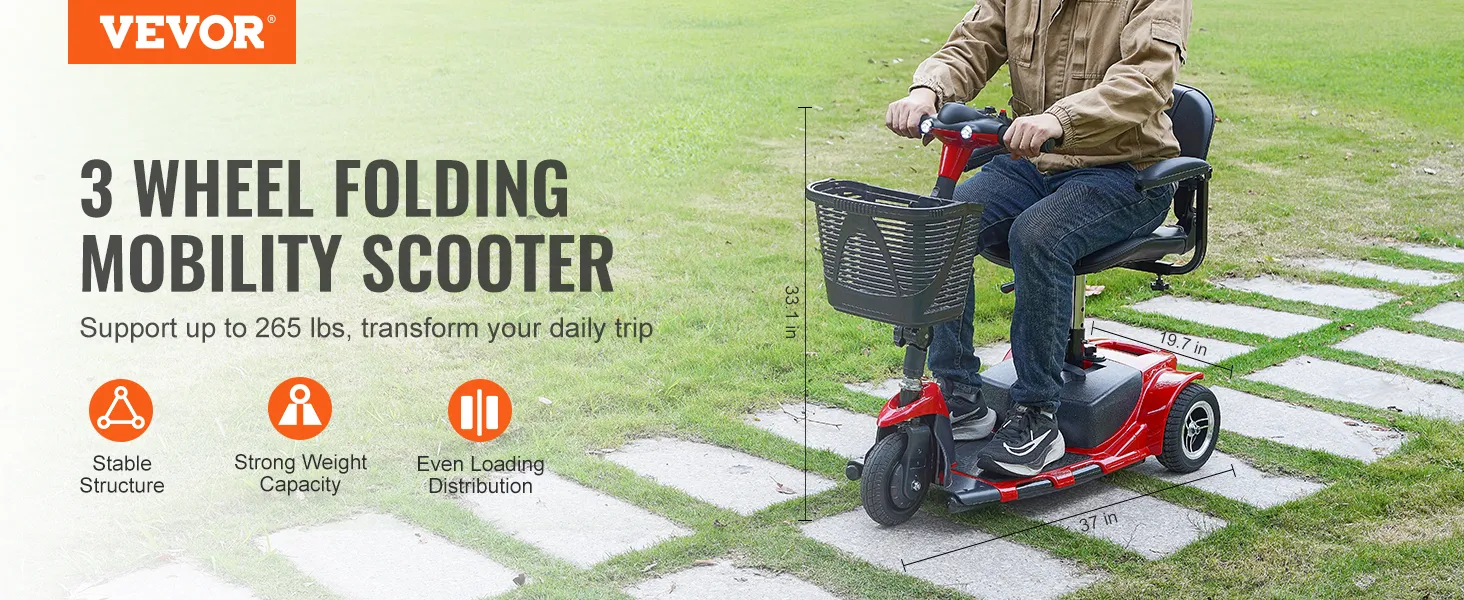 VEVOR folding mobility scooter, three wheels, supports 265 lbs, stable structure, strong weight capacity.