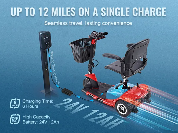 VEVOR folding mobility scooter with 24v 12ah battery, 12 miles range, and 6-hour charge time.