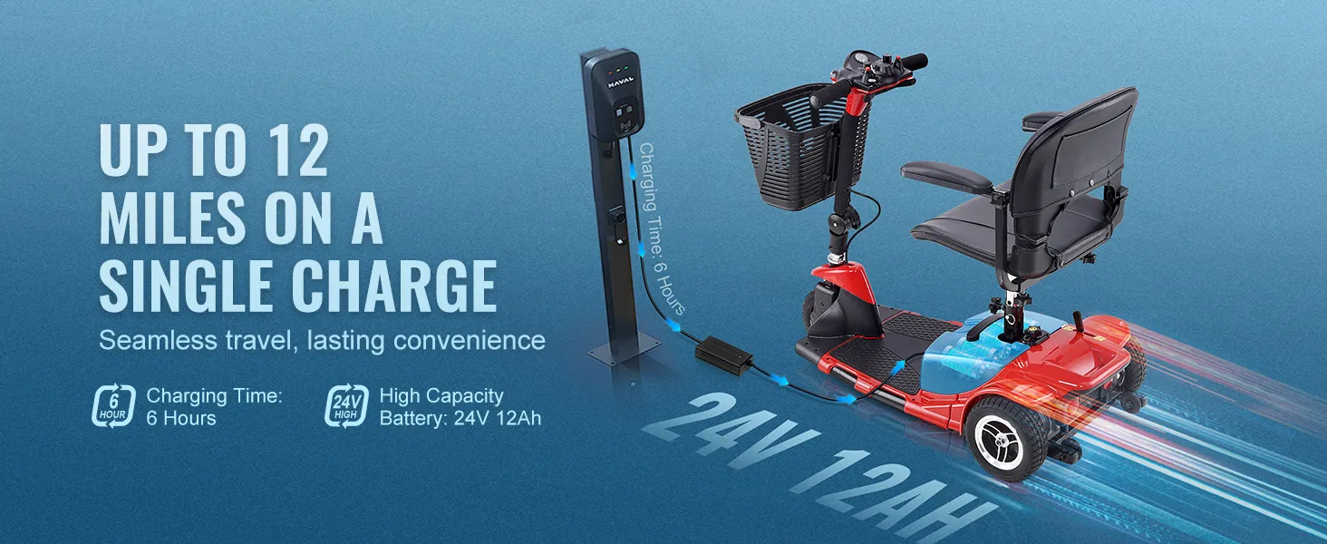 VEVOR folding mobility scooter with 24v 12ah battery, 12 miles range, and 6-hour charge time.
