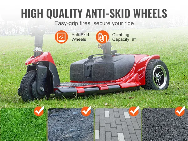 VEVOR folding mobility scooter with anti-skid wheels on grass, showcasing easy-grip tires.