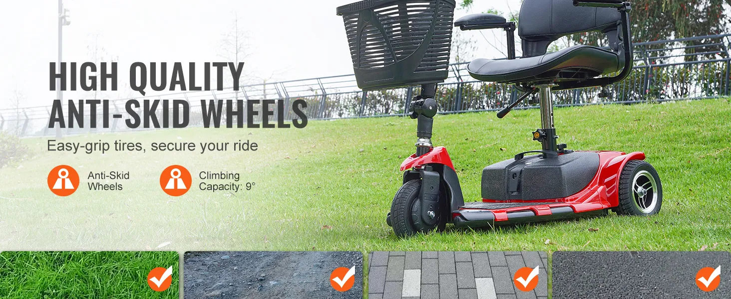 VEVOR folding mobility scooter with anti-skid wheels on grass, showcasing easy-grip tires.