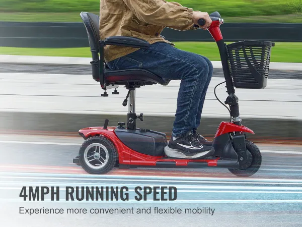 man riding a red VEVOR folding mobility scooter at 4mph, showcasing convenient and flexible mobility.