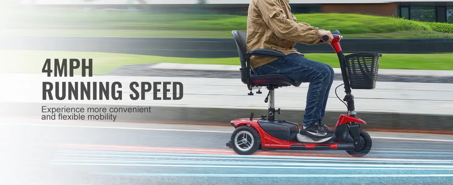 man riding a red VEVOR folding mobility scooter at 4mph, showcasing convenient and flexible mobility.
