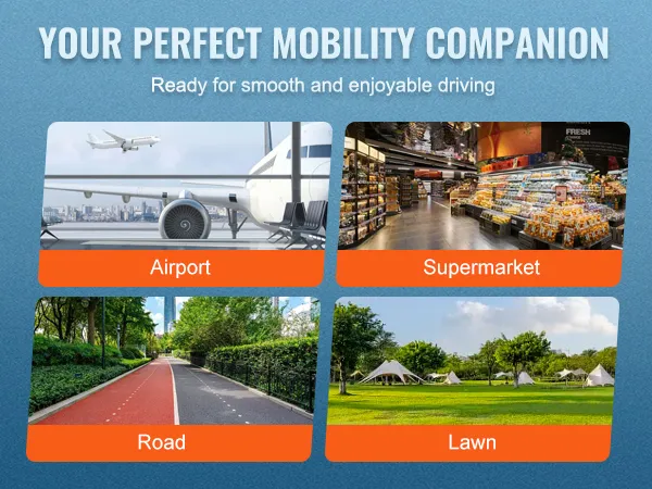 VEVOR folding mobility scooter: ideal for airport, supermarket, road, and lawn usage.
