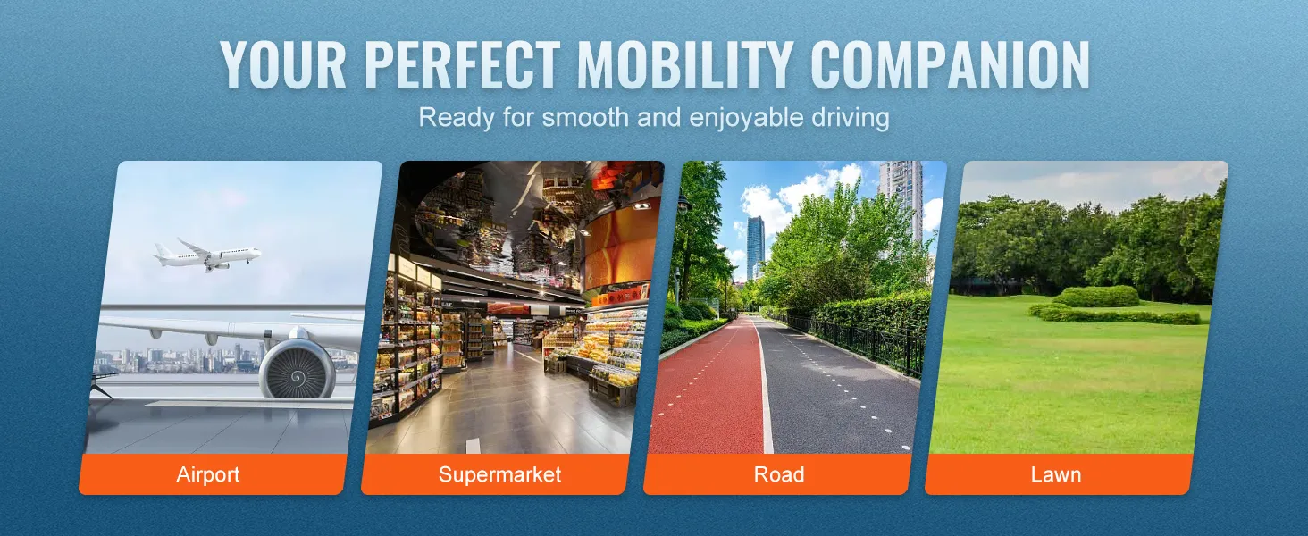 VEVOR folding mobility scooter: ideal for airport, supermarket, road, and lawn usage.