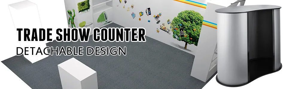 VEVOR trade show counter with a detachable design in a colorful exhibit room.
