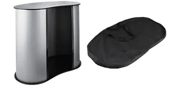 VEVOR trade show counter with curved design and black carrying case.