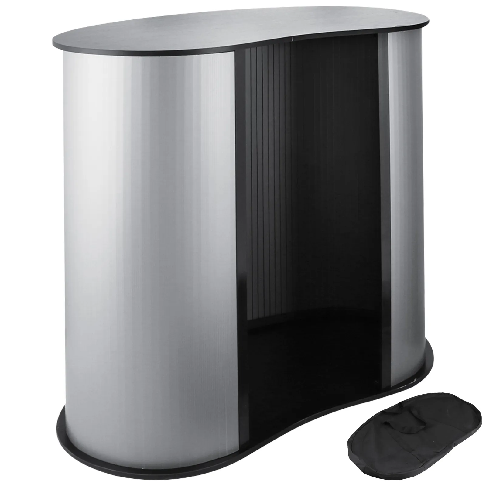 VEVOR trade show counter with black countertop and silver curved frame.