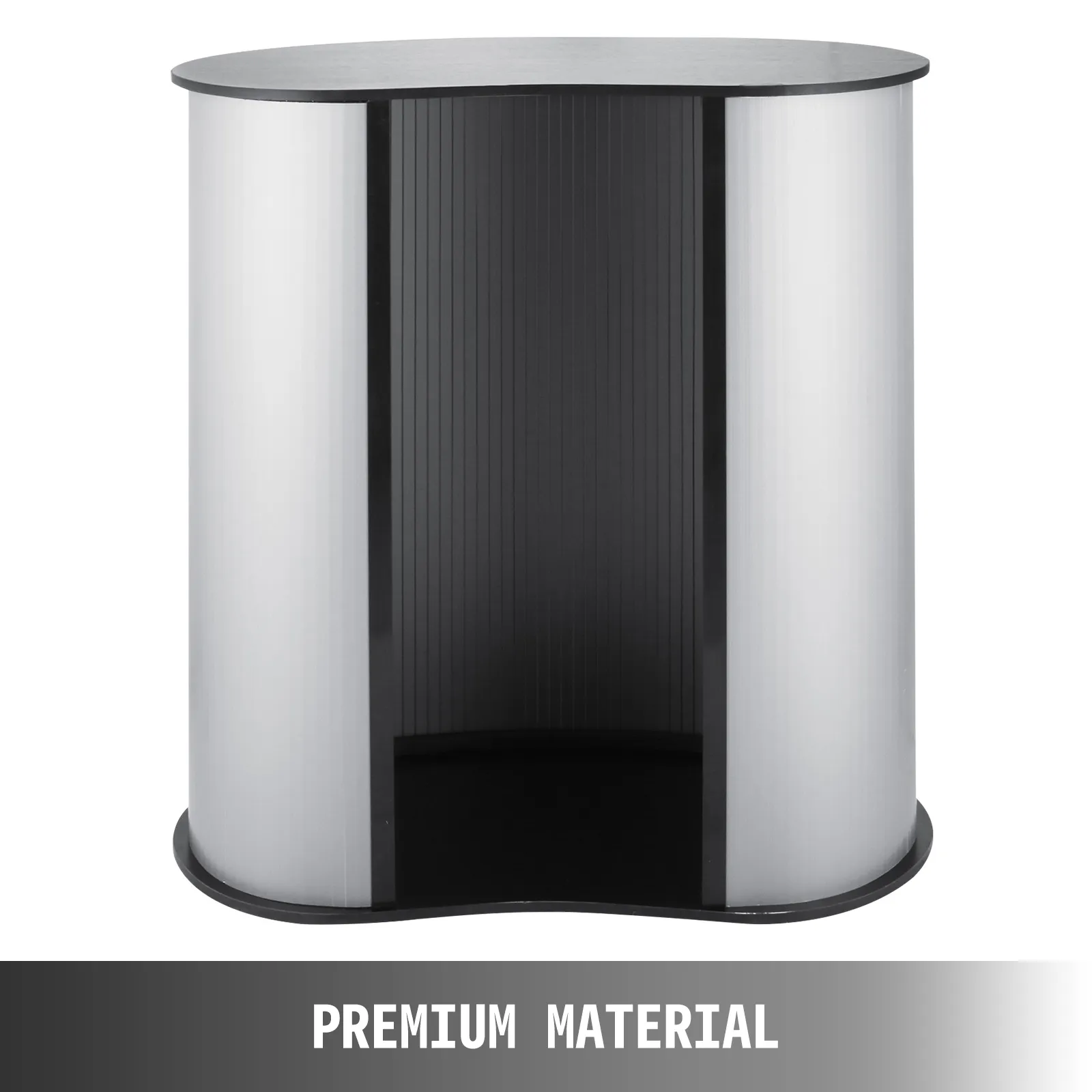 VEVOR trade show counter with black and silver finish, labeled "premium material".