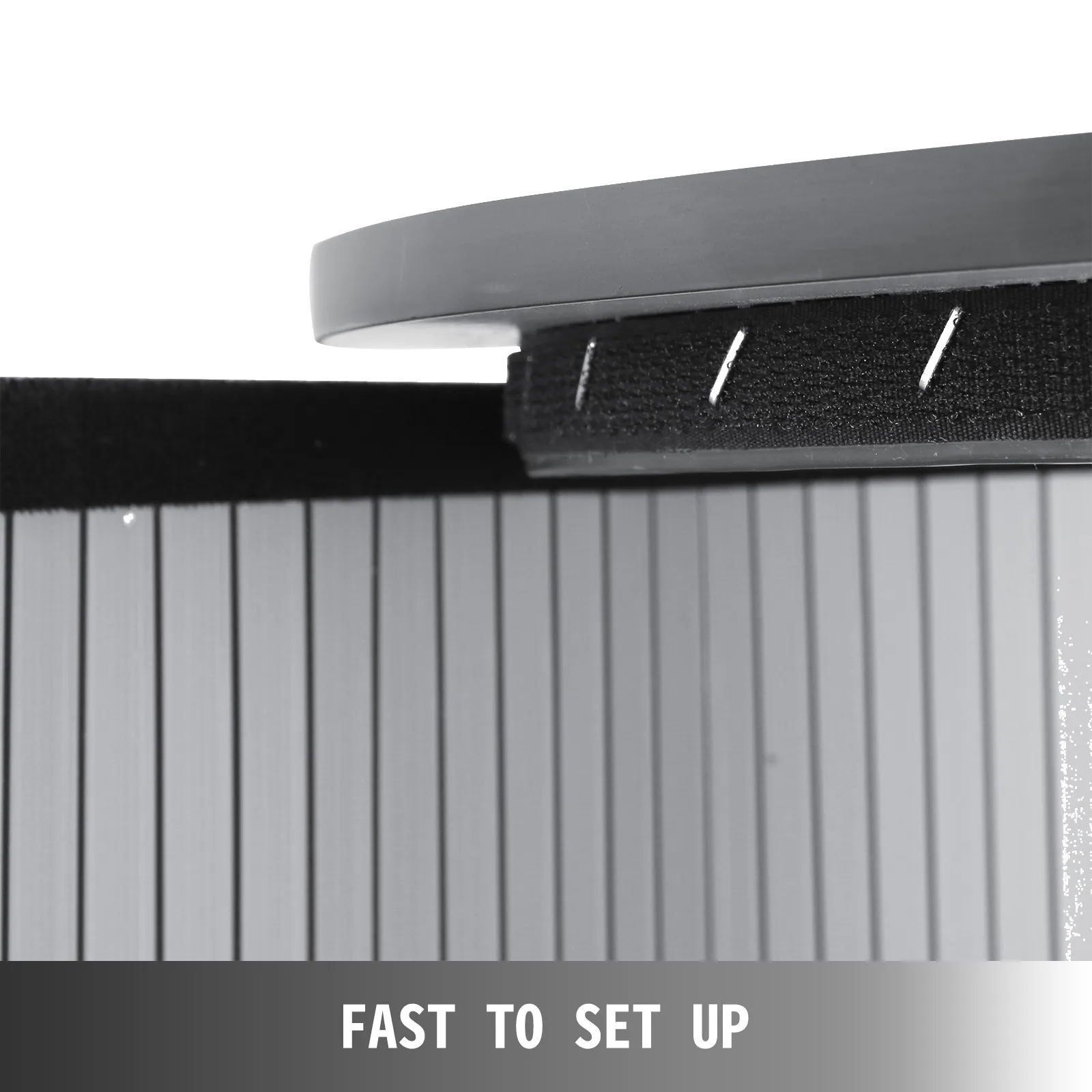 close-up of VEVOR trade show counter with text "fast to set up".