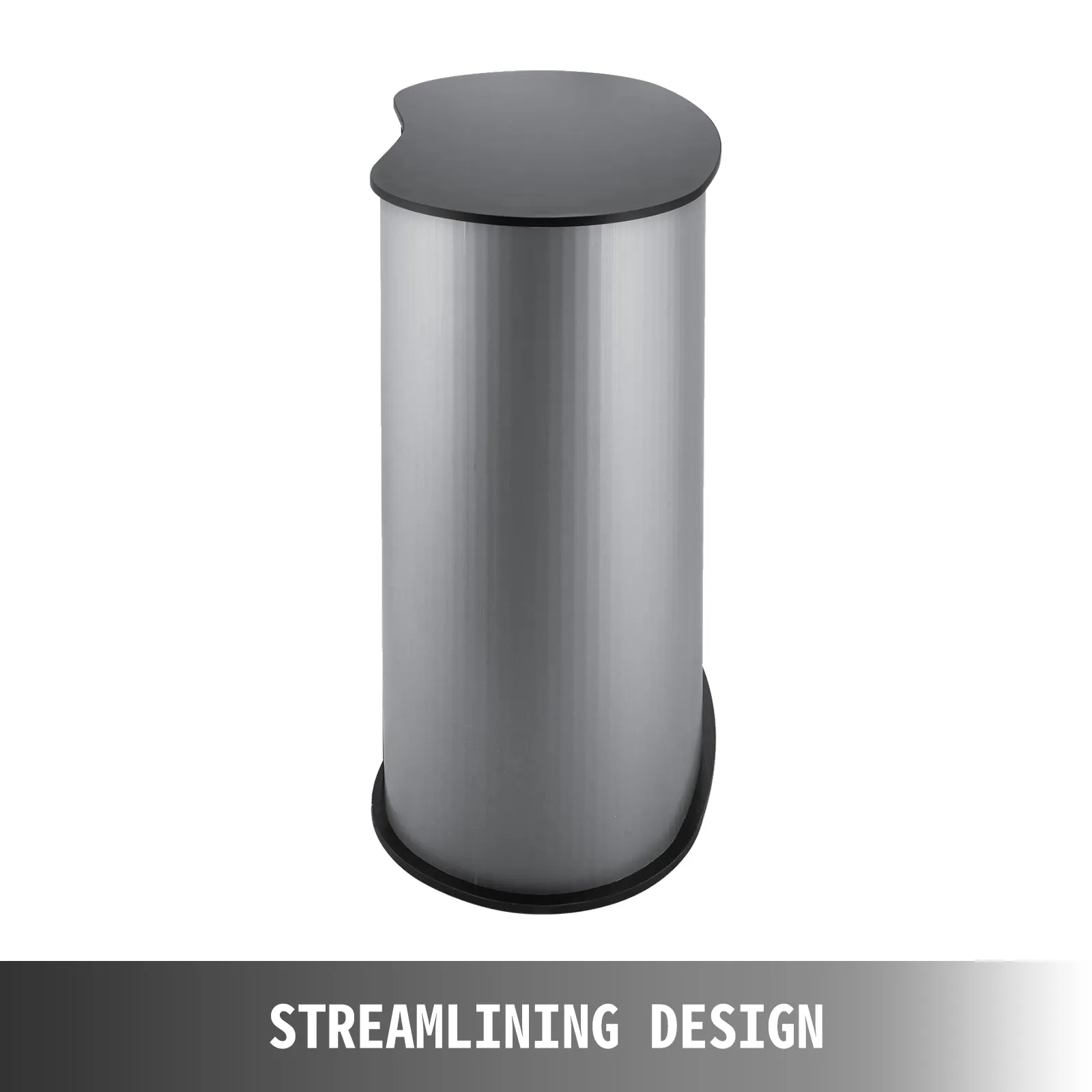 modern VEVOR trade show counter with sleek silver cylinder design and black top.