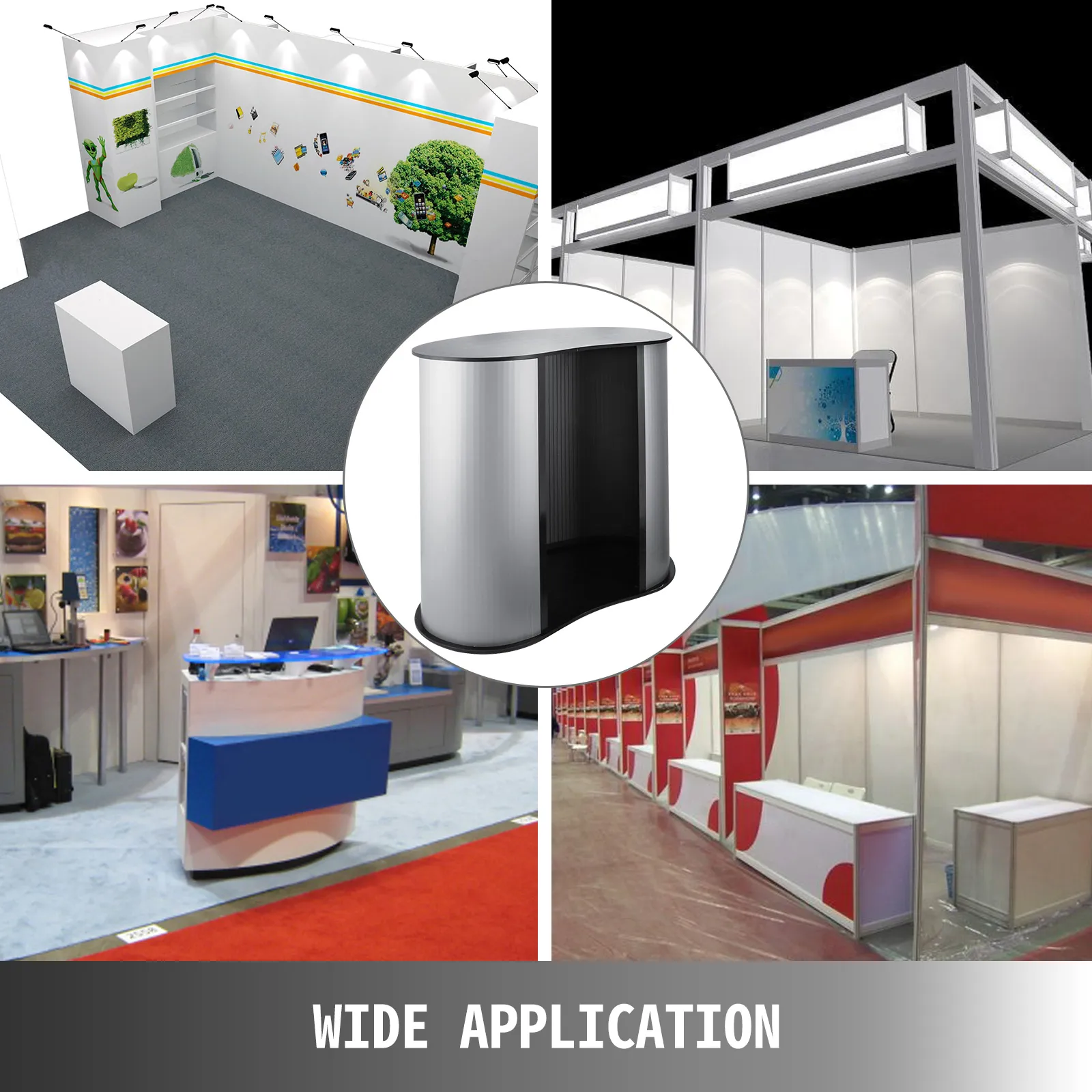 VEVOR trade show counter displayed in various trade show booth setups.