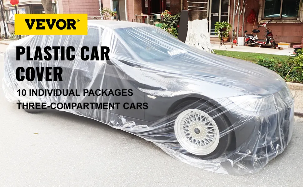 VEVOR car cover protecting a three-compartment car with plastic wrap on a street.