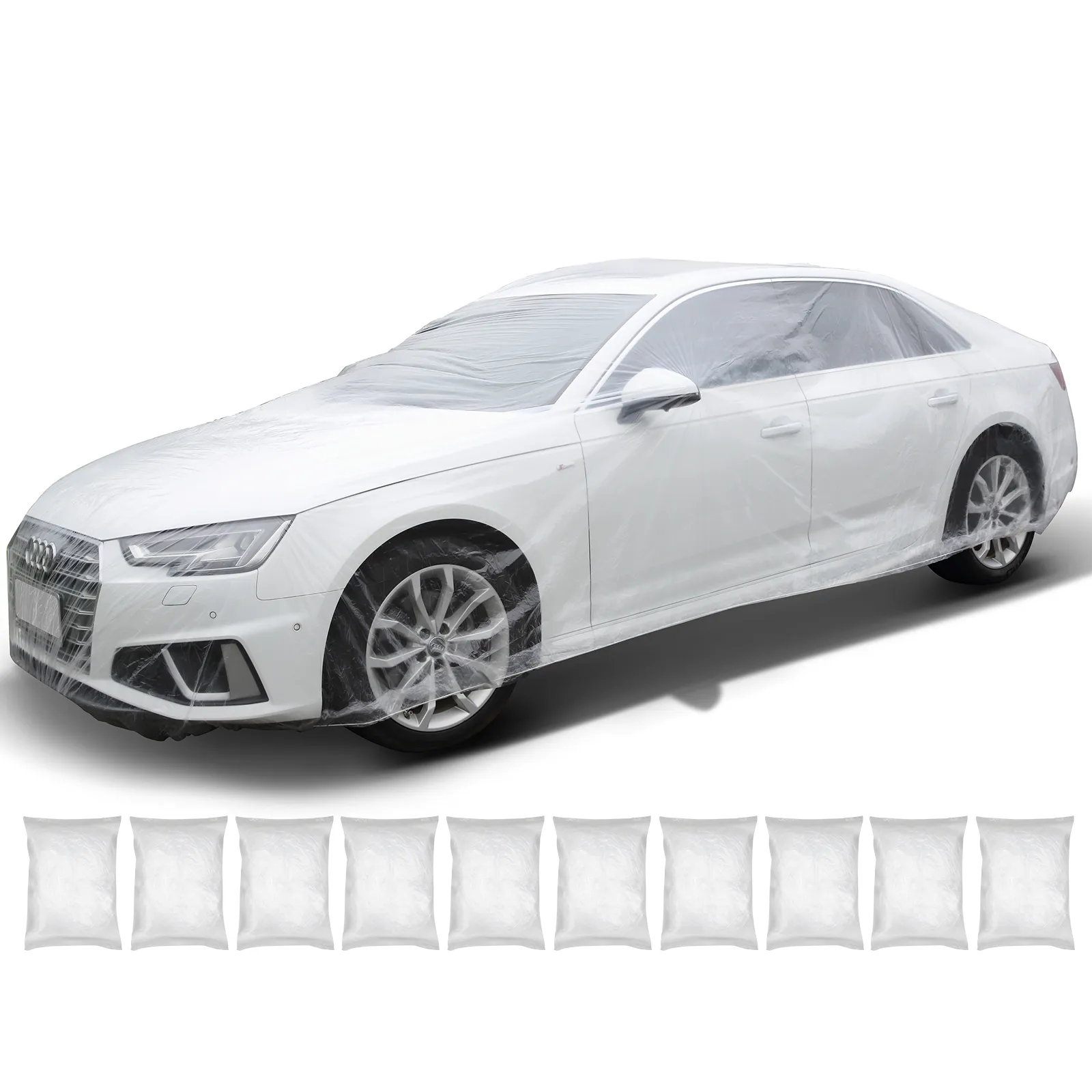 white sedan fully covered with a VEVOR car cover, with eight white packets below.