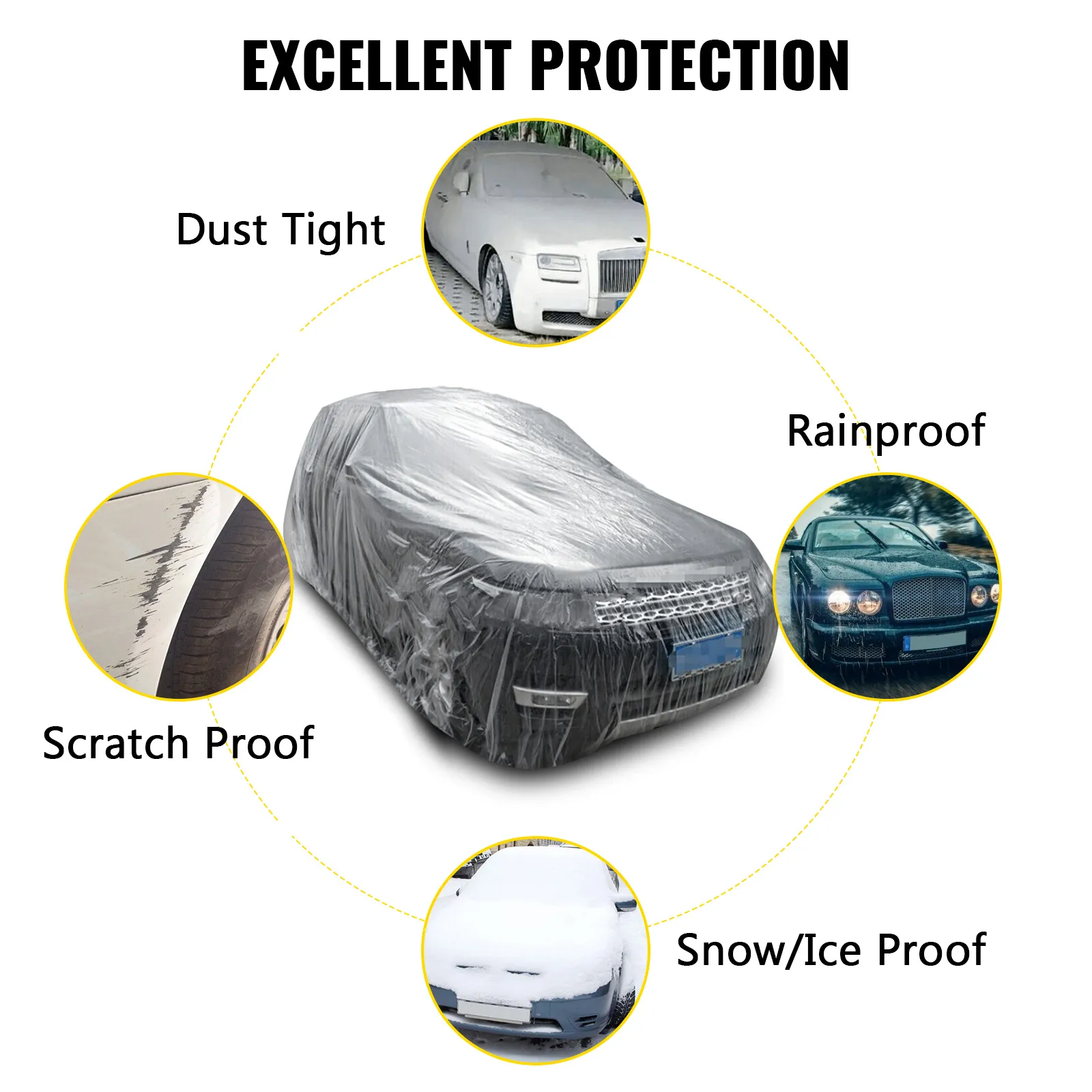 VEVOR car cover offering dust, scratch, rain, and snow/ice protection.