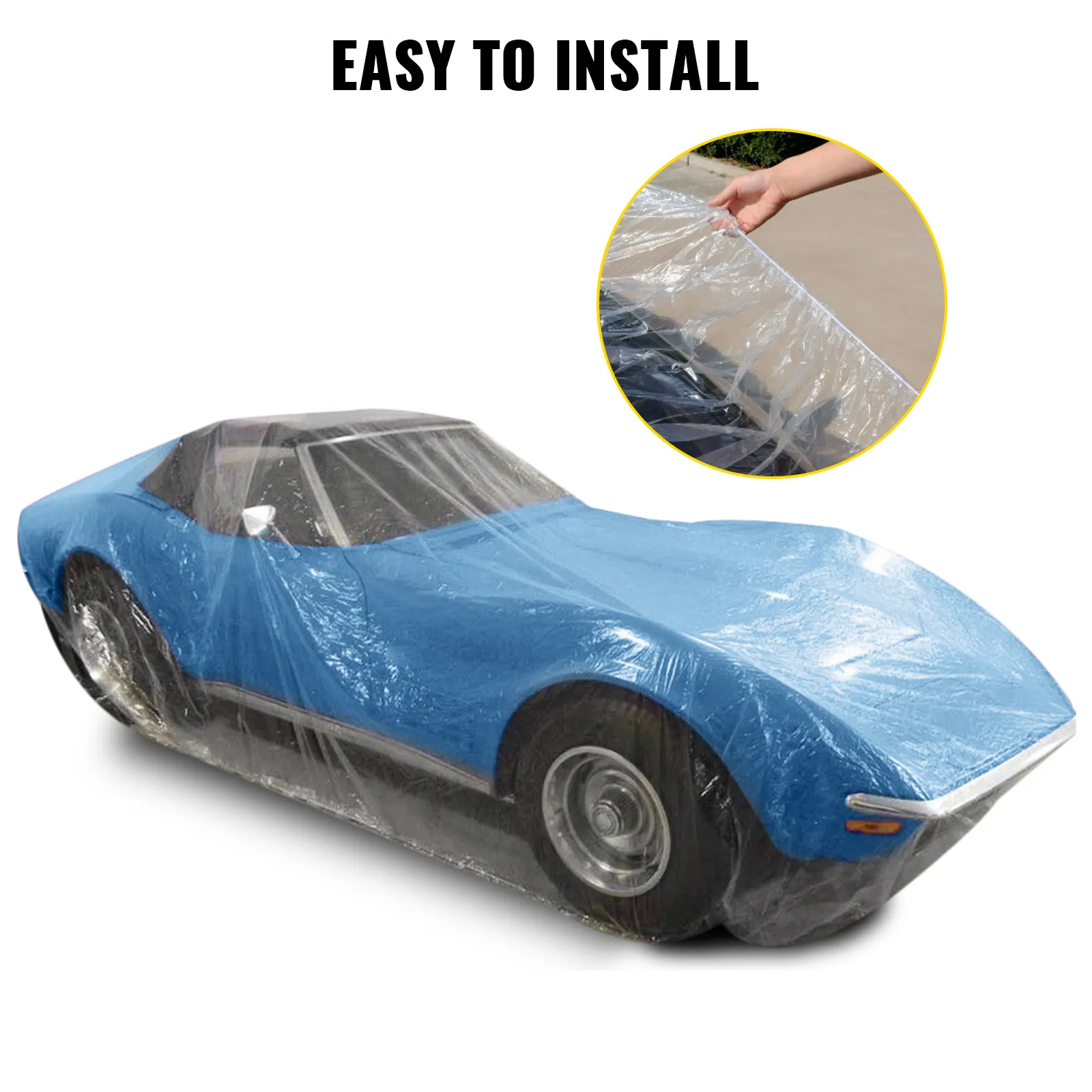 VEVOR car cover protecting a blue car with an inset showing easy installation.