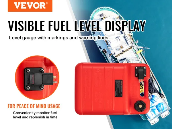 VEVOR marine fuel tank with visible fuel level display and gauge, aerial view of a boat on water.