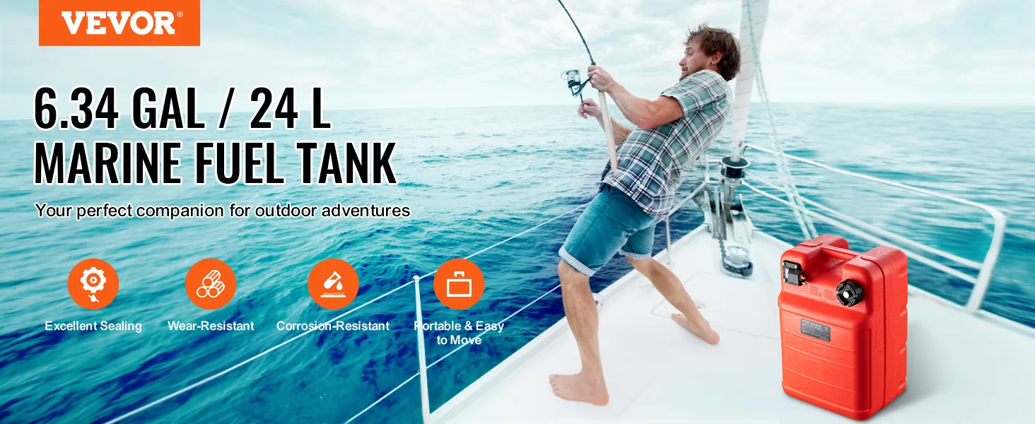 VEVOR marine fuel tank on a boat with a person fishing, showcasing excellent sealing and portability.