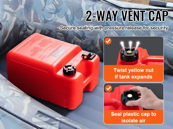 red VEVOR marine fuel tank with a 2-way vent cap, placed inside an inflatable boat.