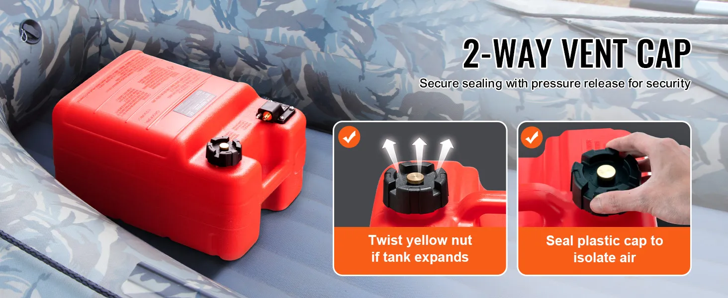 red VEVOR marine fuel tank with a 2-way vent cap, placed inside an inflatable boat.