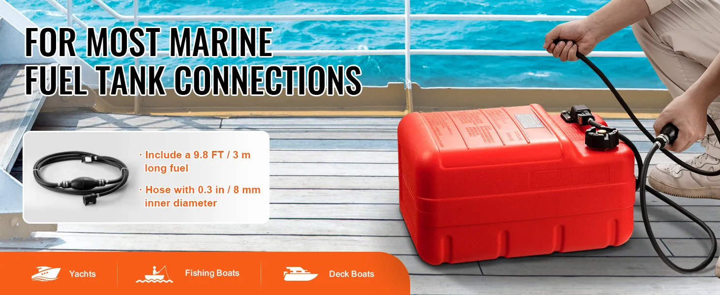 VEVOR marine fuel tank with 9.8ft hose, ideal for yachts, fishing boats, and deck boats.