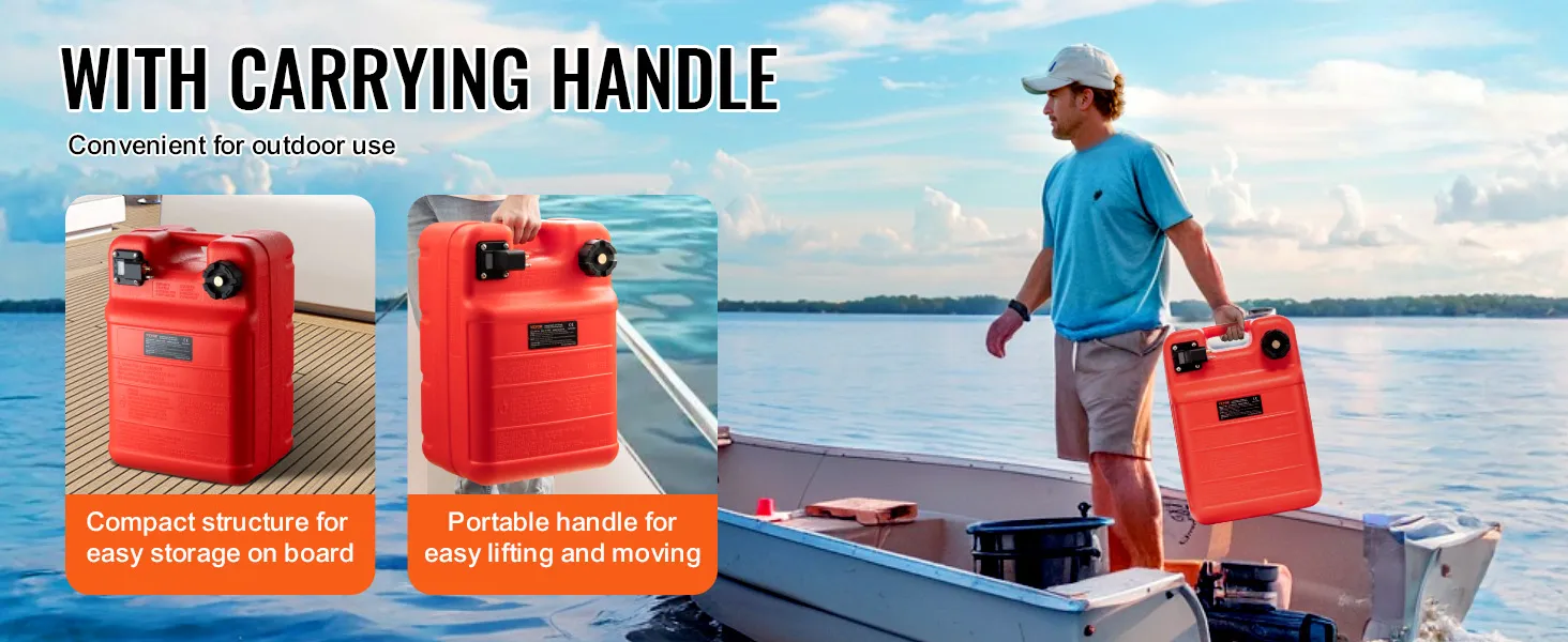 VEVOR marine fuel tank with carrying handle for easy storage and outdoor use on a boat.