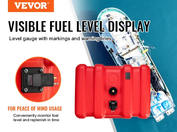 VEVOR marine fuel tank with visible fuel level display next to a boat in the ocean.