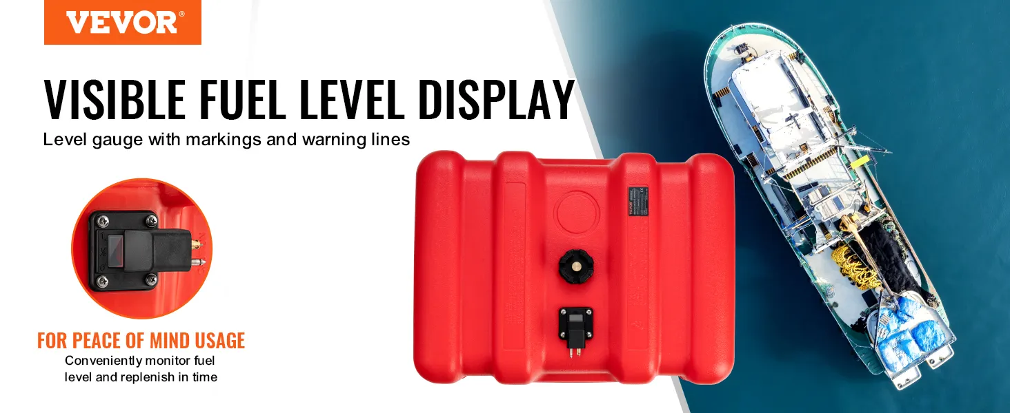 VEVOR marine fuel tank with visible fuel level display next to a boat in the ocean.