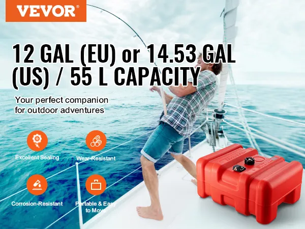 VEVOR marine fuel tank, 12 gal/55 l, highlighted for excellent sealing, durability, and portability.
