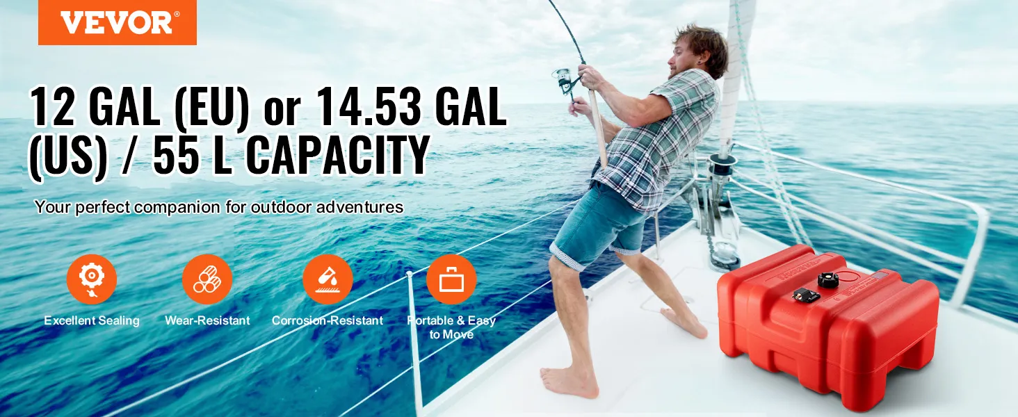 VEVOR marine fuel tank, 12 gal/55 l, highlighted for excellent sealing, durability, and portability.