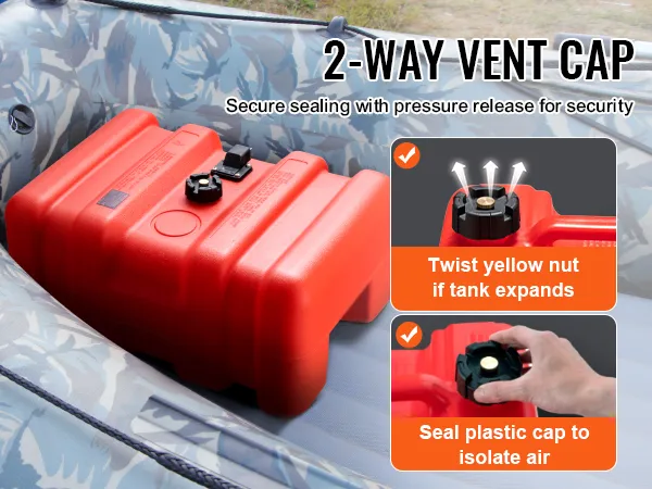 VEVOR marine fuel tank with red body, 2-way vent cap, in a camo-patterned inflatable boat.