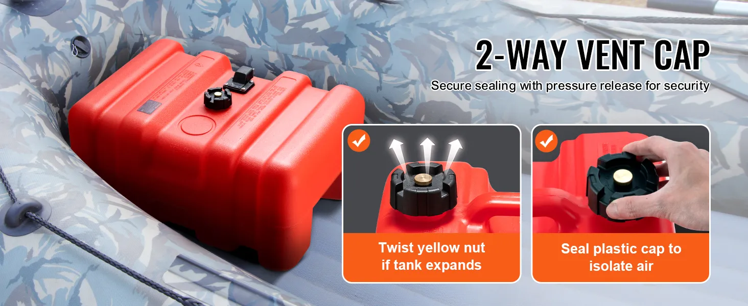 VEVOR marine fuel tank with red body, 2-way vent cap, in a camo-patterned inflatable boat.
