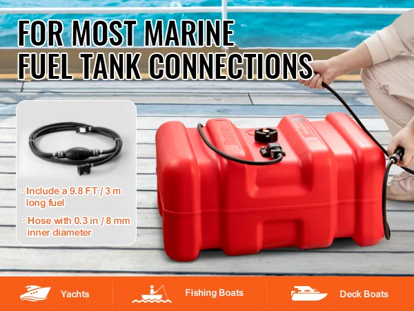 VEVOR marine fuel tank on boat deck with hose for fuel connections. suitable for yachts, fishing, deck boats.