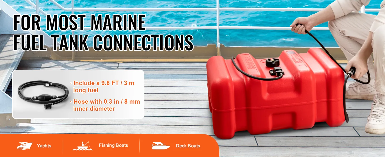 VEVOR marine fuel tank on boat deck with hose for fuel connections. suitable for yachts, fishing, deck boats.