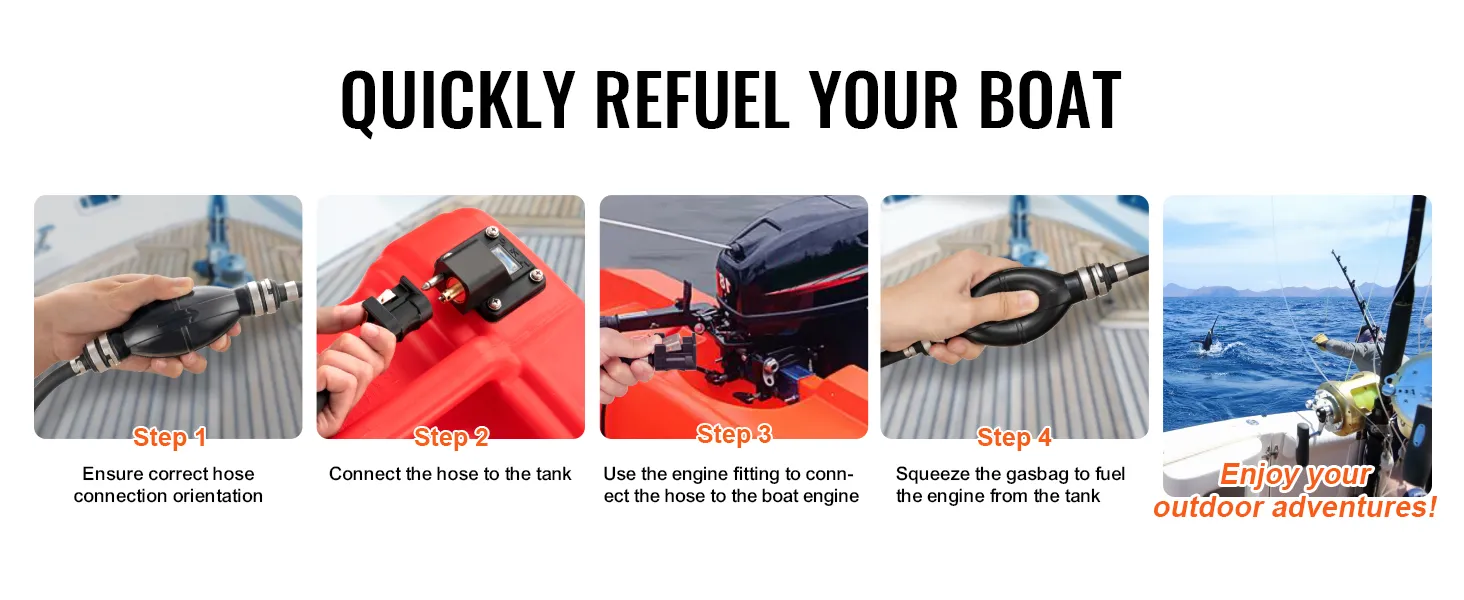 steps to refuel your boat with VEVOR marine fuel tank: connect hose, fit to engine, squeeze gasbag, enjoy!