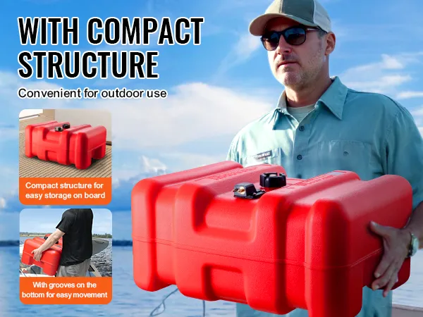 VEVOR marine fuel tank, compact for onboard storage, easy to move with bottom grooves, ideal for outdoor use.