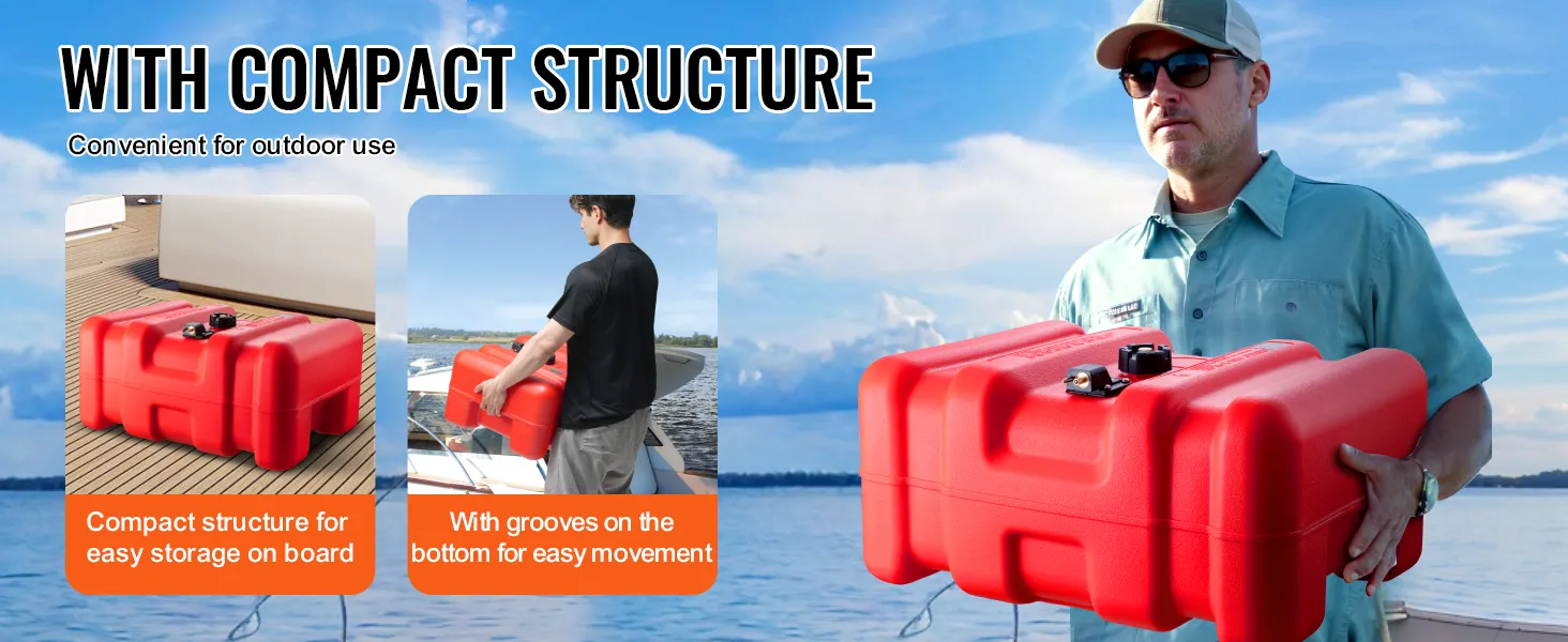 VEVOR marine fuel tank, compact for onboard storage, easy to move with bottom grooves, ideal for outdoor use.