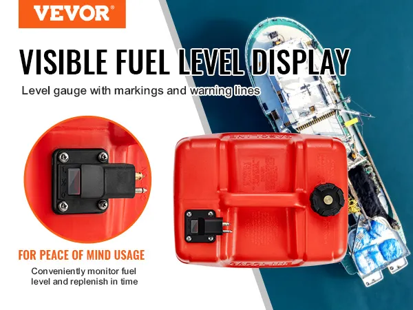 VEVOR marine fuel tank showing visible fuel level gauge and a boat on the ocean for safety usage.