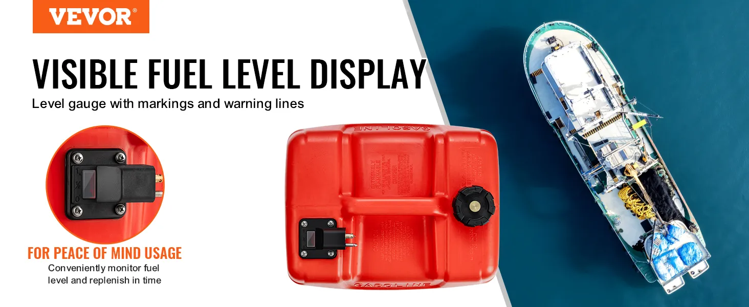 VEVOR marine fuel tank showing visible fuel level gauge and a boat on the ocean for safety usage.