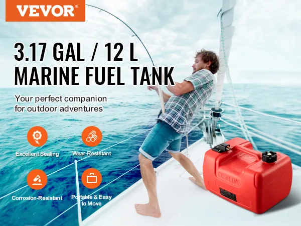 fishing on a boat with a red VEVOR marine fuel tank; perfect for outdoor adventures.